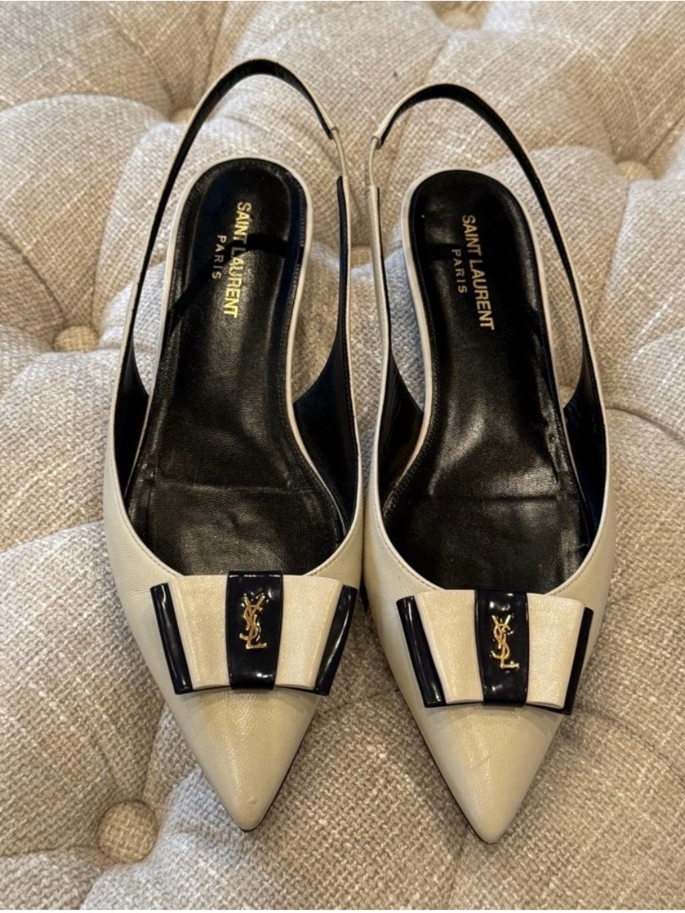 Yves Saint Laurent Cream and Black Bow Slingback Flats - Picture 2 of 5